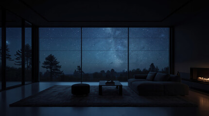 Fototapeta premium Dark minimal living room with panoramic glass wall and starry night sky creating calm atmosphere