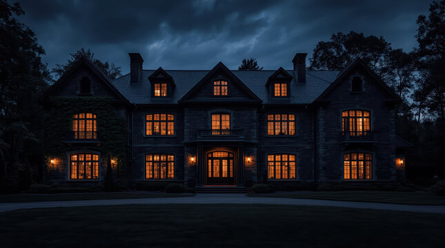 Dark luxury house exterior stone mansion at night with warm interior lights glowing