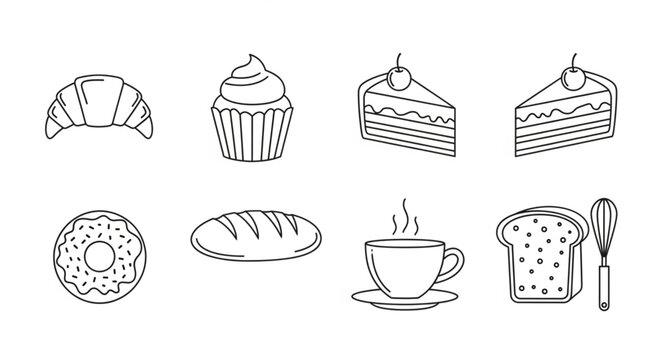 Collection of baked goods and hot beverage line art illustrations.