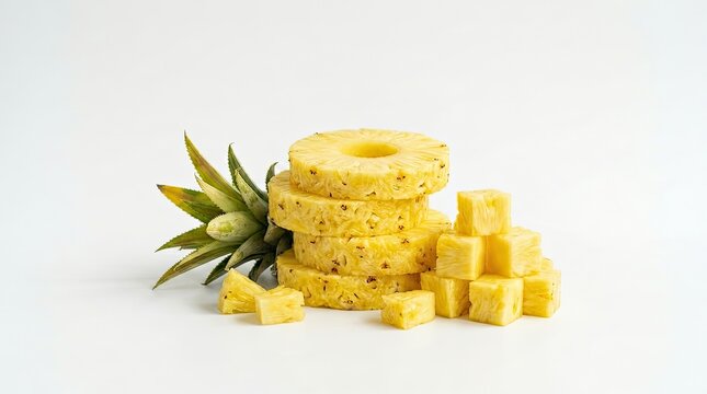 Fresh pineapple slices and chunks on white background
