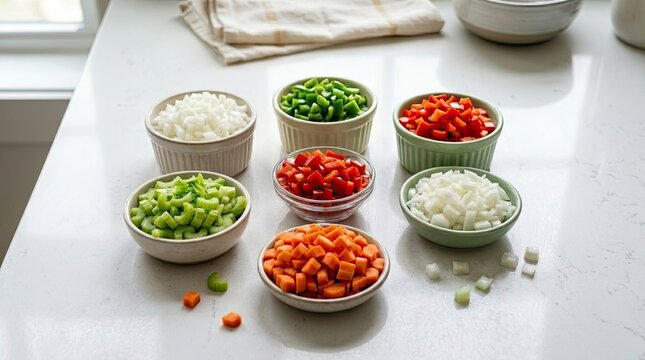 Diced vegetables for mirepoix or soffritto preparation on marble countertop