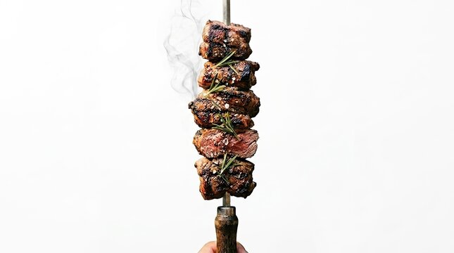 Brazilian churrasco skewer with rosemary grilled beef on metal rod