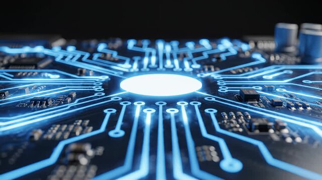 Circuit board with glowing blue lines for immersive visual experiences and creative projects