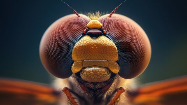 Close-up of a colorful insect's head showing detailed eyes and facial features
