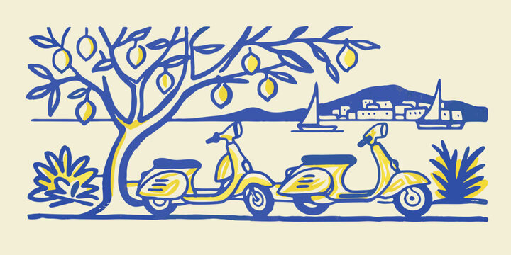 scenic illustration of scooters by the sea with mediterranean architecture
