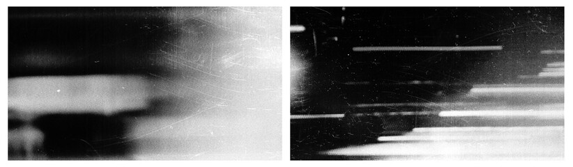 Obraz premium Vintage distressed old photo light leaks, film grain, dust and scratches transparent texture overlay with vignette border. Dirty grunge analog 8k widescreen retro effect background with copy space.