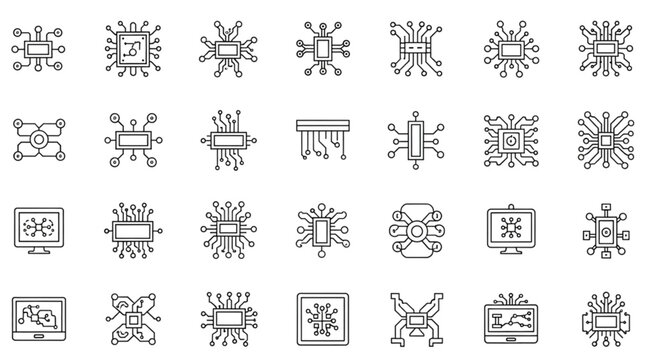Circuit board and microchip icons for electronics and technology designs