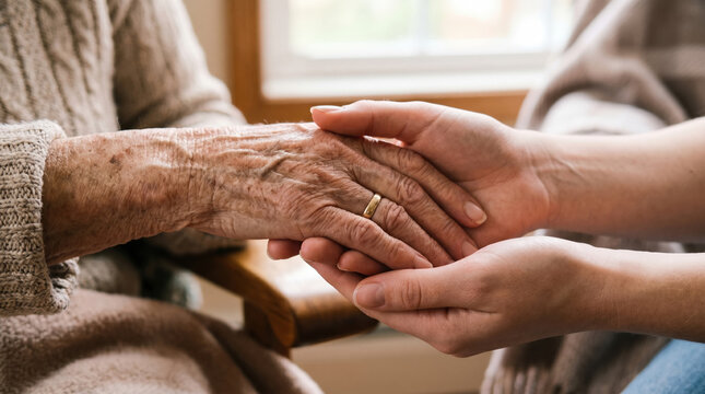 Compassionate care for elderly woman, young hands holding senior wrinkled hand with empathy, geriatric support and nursing home assistance