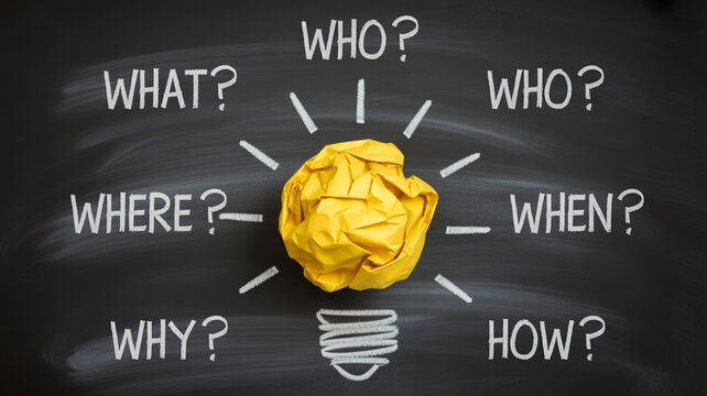 Crumpled paper ball on chalkboard with who what where when why how questions