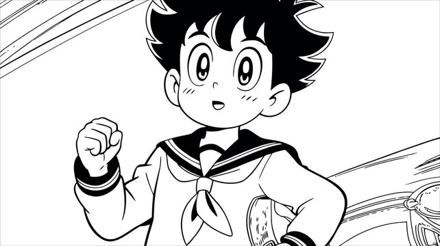 Cartoon boy, manga style, sailor outfit, black and white, vector illustration