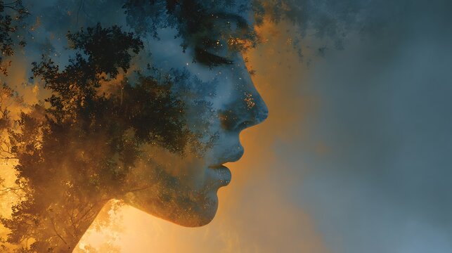 Surreal double exposure of a woman s profile blended with a vibrant forest scene at sunset
