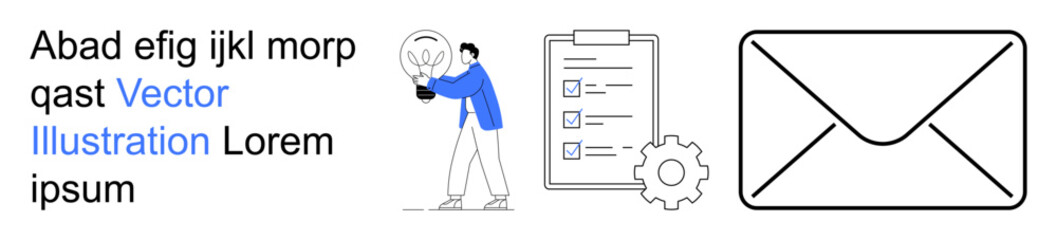Fototapeta premium Innovation, workflow, email communication, productivity, organization, teamwork. Person holding light bulb, clipboard with checklist and envelope icon. Innovation and workflow concept