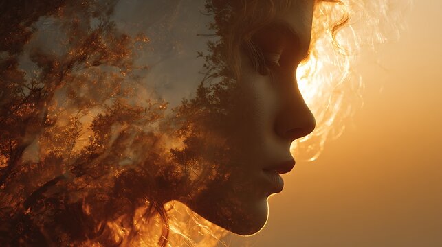 Golden Hour Double Exposure of Serene Woman s Profile Merged with Textured Autumn Tree Branches