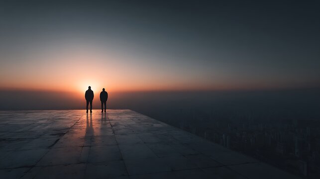 Silhouettes of two men standing on a rooftop edge watching a dramatic sunset over a hazy cityscape