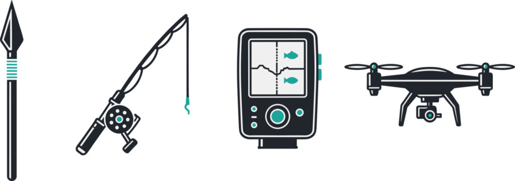 Evolution of fishing gear from spear to drone technology vector