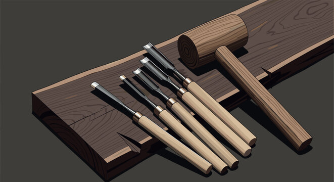 Set of wood carving chisels and a wooden mallet on a wood plank vector