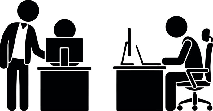 Professional meeting illustration with person assisting seated colleague at computer workstation