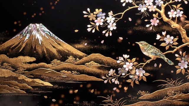 富士山と桜と小鳥を描いた蒔絵風和風アニメーション背景