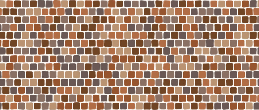 Brown mosaic pebble stone seamless pattern. Repeated cobblestone background. Beige stone sidewalk paved texture. Tessellation rock repeating wallpaper. Vector landscaping brick pavement backdrop