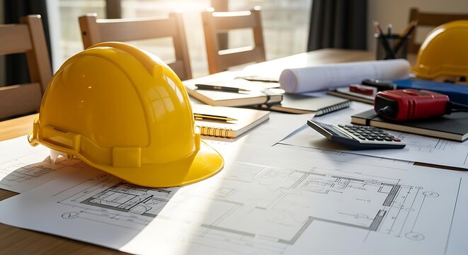 Construction hard hats and blueprints on a desk in an office