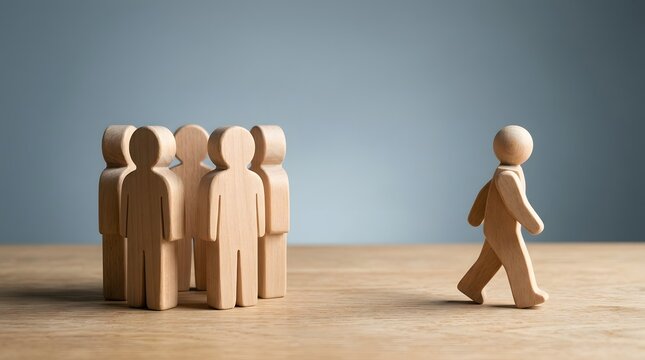 Wooden figurine walking away from a group of figures with standing out going separate ways loneliness individuality departure figurine separation outsider solitude disagreement isolation