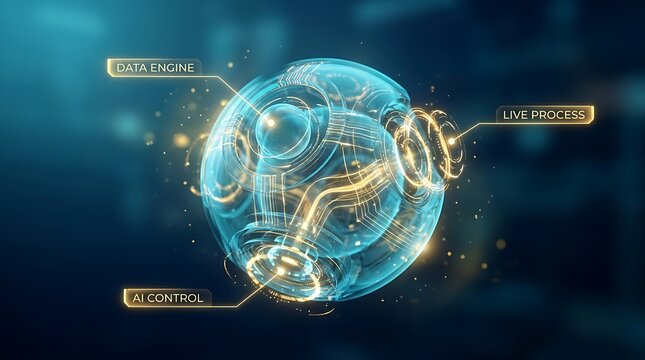 Artificial intelligence core displays complex data streams and interactive holographic information panels while performing a live process analysis within a secure virtual computational engine.
