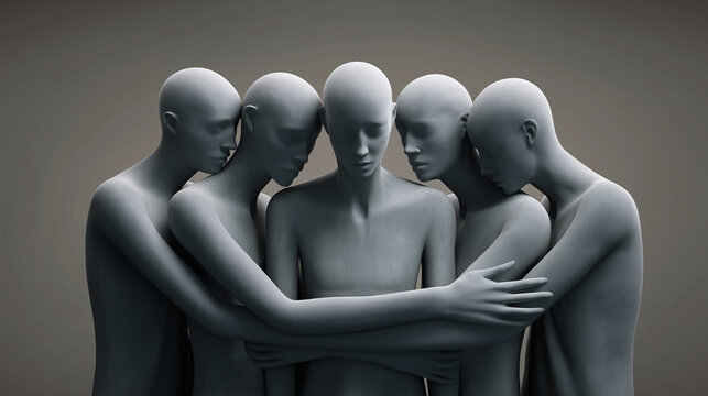 Group of five androgynous human figures in a supportive embrace; conceptual 3D sculpture illustration representing empathy, collective grief, mental health support, and human connection in a monochrom