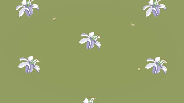 Animated lily flowers falling on olive green background in seamless motion loop for floral design.