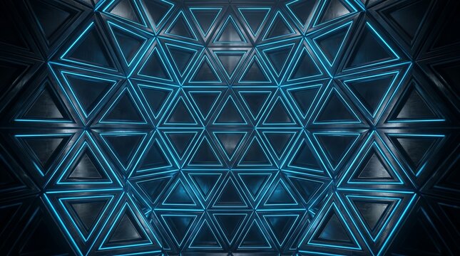 Futuristic glowing blue triangular pattern forming a vibrant geometric tunnel or abstract digital background, perfect for technology concepts and modern designs