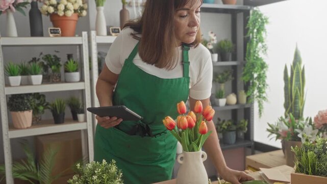 Woman florist holding tablet and tapping screen while checking tulips and potted plants on shelves in studio; calm concentration.