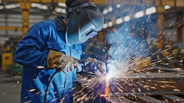 Person welding metal in factory highlighting industrial scale and construction progress