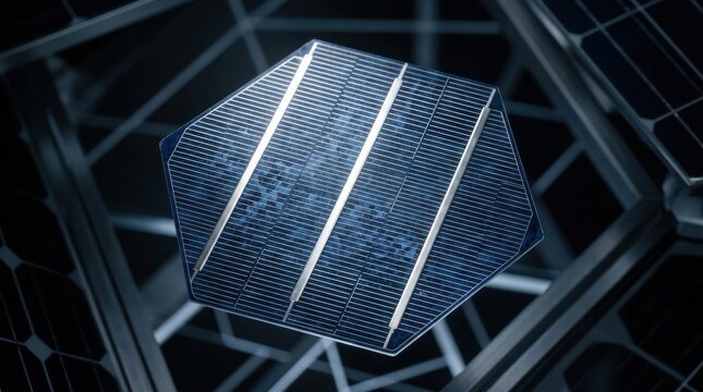 Close-up macro of a single blue hexagonal solar cell with silver busbars and electrical grid lines, showing polycrystalline texture against dark photovoltaic panel frames.