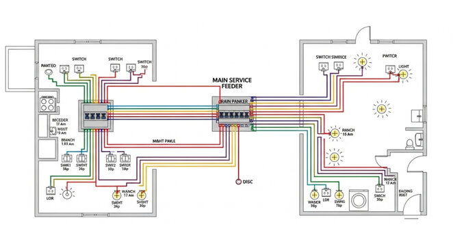 Electrical wiring diagram for a residential building.