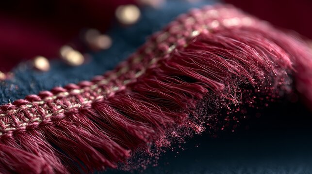 Macro closeup of pink fringe trim detailing stitched onto dark indigo denim fabric