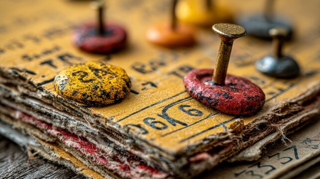 Close up of antique ledger books and historical records on wooden surface