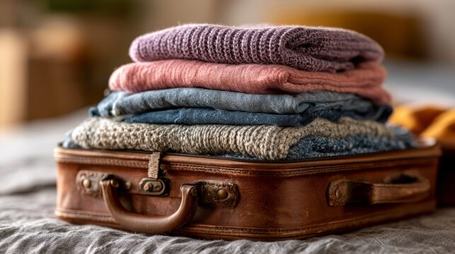 Cozy knit sweater stack inside rustic vintage luggage box for seasonal clothing