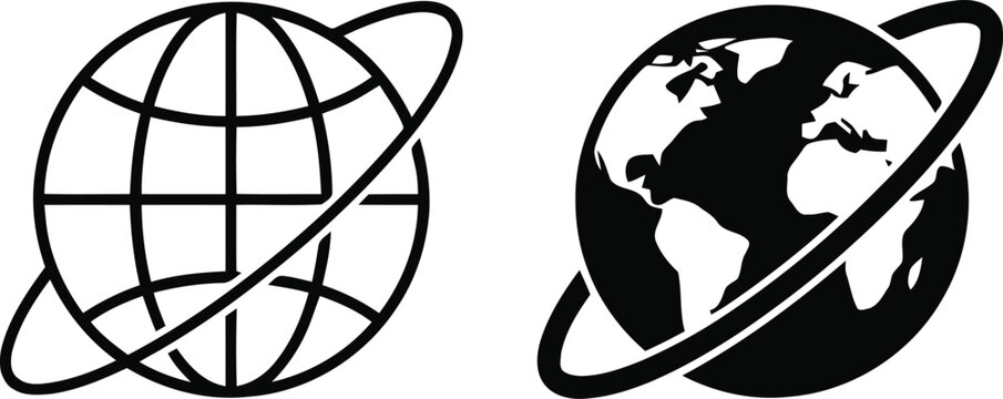 Two black globe one abstract grid, one with continents, both with orbiting rings earth planet symbol