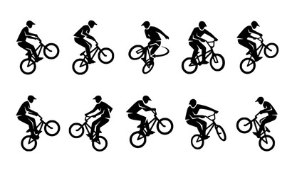 Fototapeta premium Minimal BMX freestyle rider vector set with modern stunt bicycle silhouettes isolated on white background
