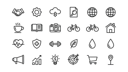 Comprehensive collection of business and technology outline icons including gear tools shopping cart credit card stopwatch price tag checklist lightbulb circuit globe cloud upload search link wifi © SAIJID