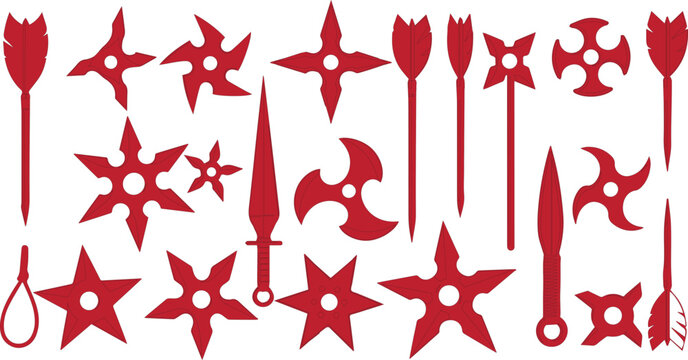 Shuriken collection features various red throwing stars and traditional Japanese bladed weapons arranged on a plain white background.