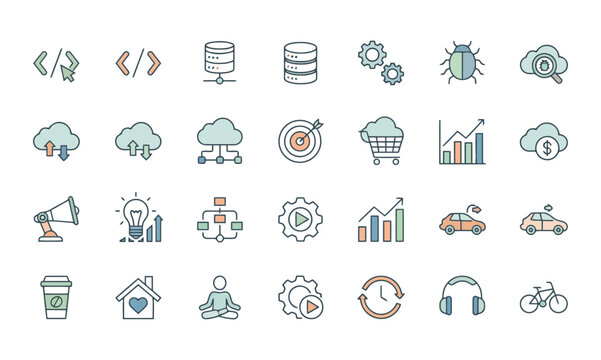 Software development and cloud computing flat color icons set featuring code cloud data server gear bug and analytics growth charts for modern tech startup branding and digital interface design