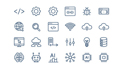 Fototapeta premium Set of industrial automation engineering and business growth line icons featuring robotic arm brain structure cloud computing rocket launch and timeline management for technical project documentation