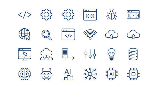Set of industrial automation engineering and business growth line icons featuring robotic arm brain structure cloud computing rocket launch and timeline management for technical project documentation
