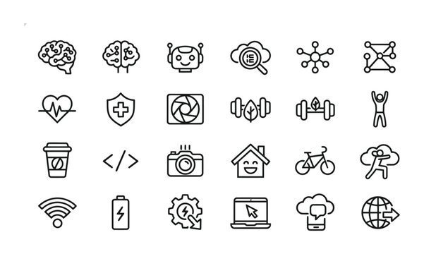 Professional set of data analysis and cybersecurity line icons for modern digital infrastructure and business intelligence