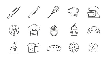 Fototapeta premium Collection of hand-drawn baking and cooking icons for culinary use.