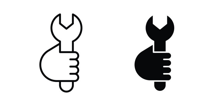 Hand holding wrench icon line vector set. Solid style icons