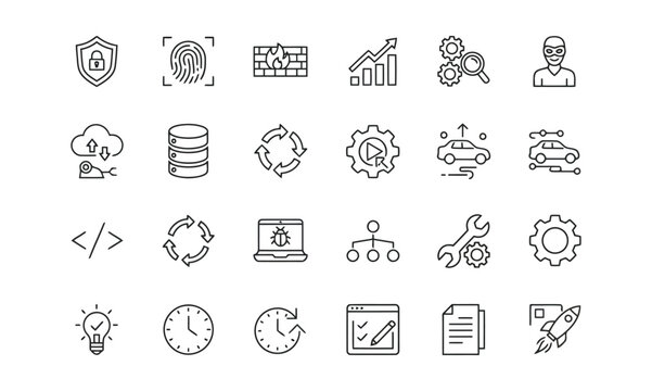 Linear cybersecurity and development icons set featuring secure protection firewall analysis and software engineering symbols for tech infrastructure and IT security concept vector graphic design