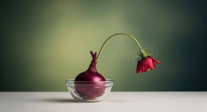 Red flower with long stem growing from a purple onion in a clear glass bowl on a white surface