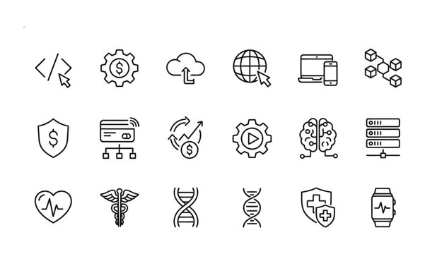 Set of twenty minimalist linear icons for technology and business featuring blockchain cloud connectivity coding financial security and medical innovation symbols for digital project interfaces