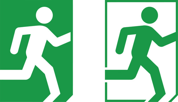 Emergency exit sign graphic showing running person icon on green rectangle.